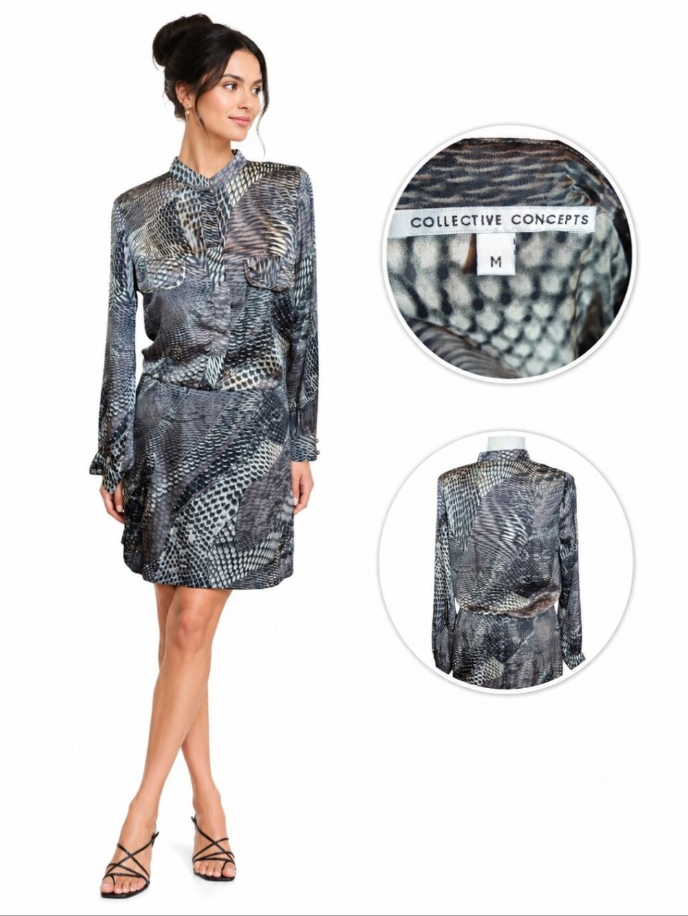 Collective Concepts Abstract Snakeskin Animal Print Button Front Mini Dress Sz M